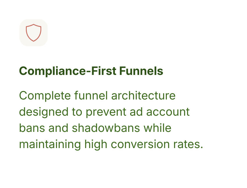 Complete funnel architecture designed to prevent ad account bans and shadowbans while maintaining high conversion rates.